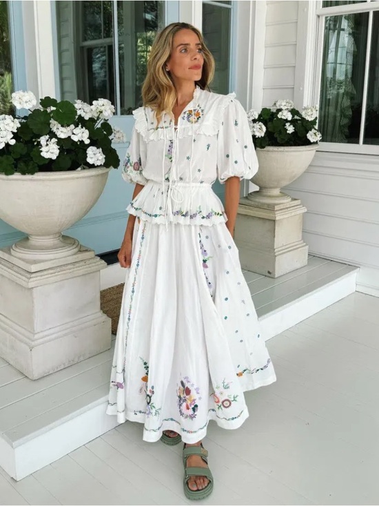 Alemais Dresses & Skirts - ISO Alemais White Willa Embroidered Peplum Blouse & Full Midi Skirt